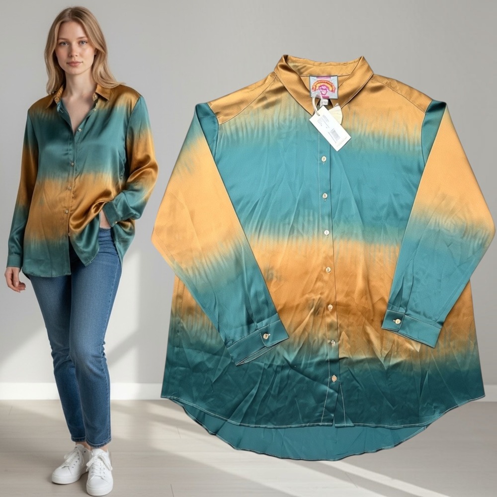 Johnny Was Shirt Tunic Dip Dye Oversized Gold Teal XL